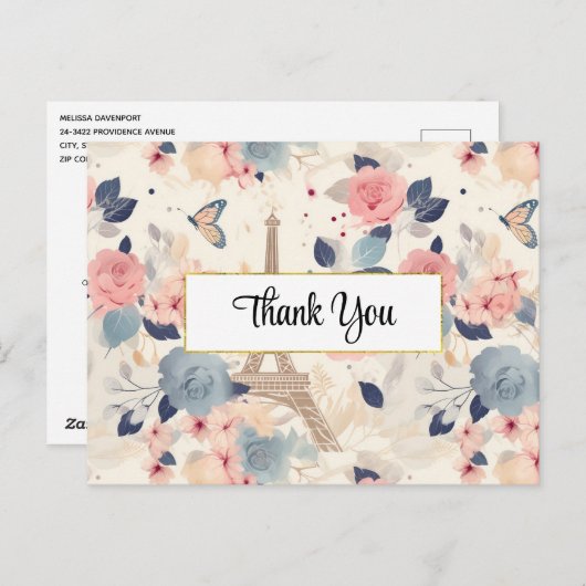 Bloemen en Eiffeltoren Parijs Patroon Dank u Briefkaart (Voorkant / Achterkant)