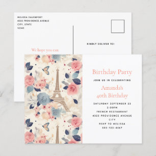 Bloemen en Eiffeltoren Parijs Patroon Verjaardag Uitnodiging Briefkaart