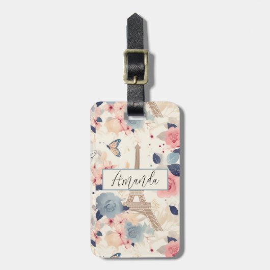 Bloemen en Eiffeltoren Parijs Reispatroon Bagagelabel (Voorkant verticaal)