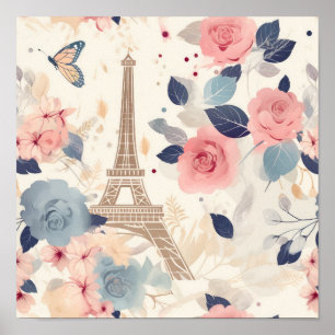 Bloemen en Eiffeltoren Parijs Reispatroon Poster