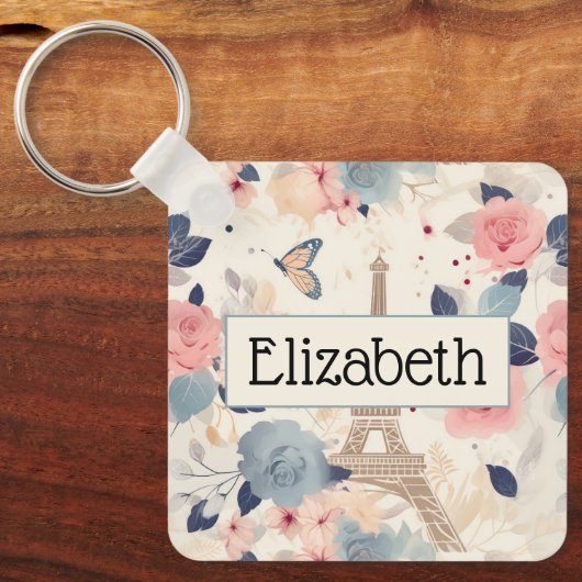 Bloemen en Eiffeltoren Parijs Reispatroon Sleutelhanger (Voorkant)