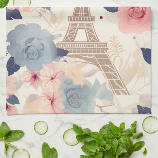 Bloemen en Eiffeltoren Parijs Reispatroon Theedoek (Gevouwen)