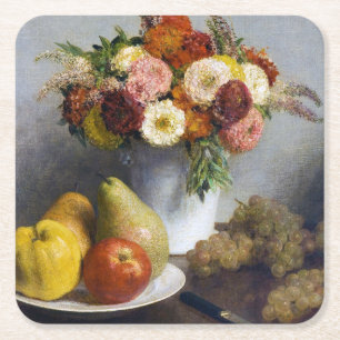 Bloemen en fruit, Henri Fantin-Latour Vierkante Kartonnen Onderzetter