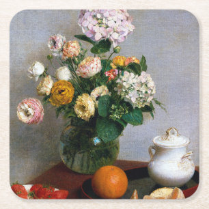 Bloemen en fruit, Henri Fantin-Latour Vierkante Kartonnen Onderzetter