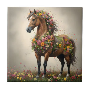 Bloemen en hoeven: Fantasie tuin met bruine paard Tegeltje