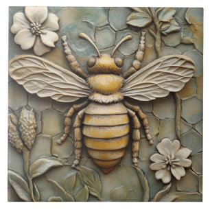 Bloemen en Honey Bee Faux Relief Tegeltje