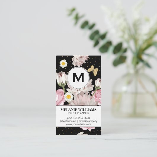 Bloemen en kattervlinders | Goud Gespikkeld Visitekaartje (Staand voorkant)