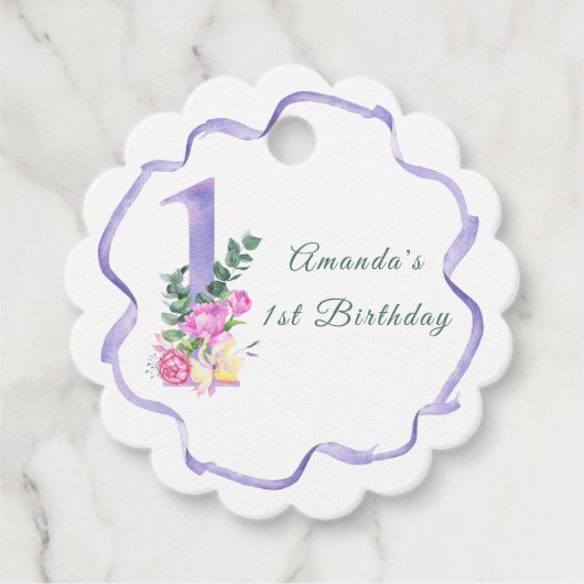 Bloemen en lint Eerste verjaardag Bedankjes Labels (Voorkant)