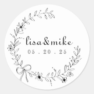 Bloemen- en lintenkrans bruiloft ronde sticker