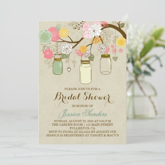 Bloemen en Mason Jars Bridal Shower Uitnodiging (Staand voorkant)