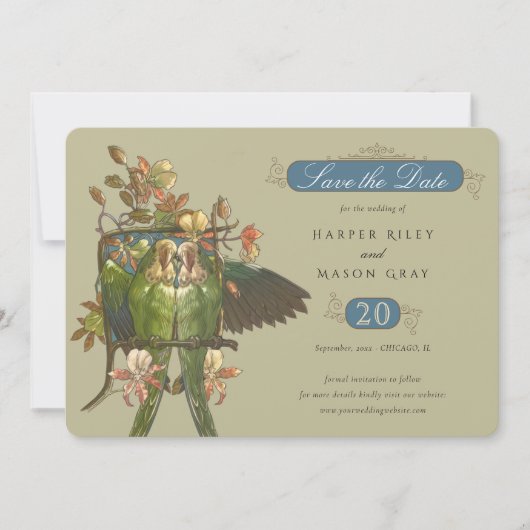 Bloemen en Papegaai 'Save the Date' Kaart (Voorkant)