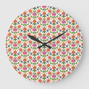 Bloemen en Polka stippen op Ecru ronde wandklok Grote Klok