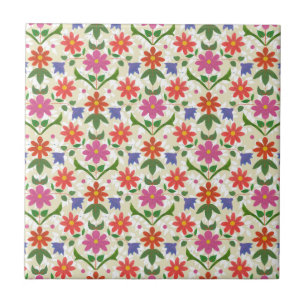 Bloemen en Poolse stippen op Ecru, keramische Tege Tegeltje