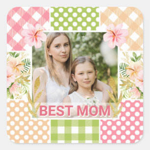 Bloemen en ruit foto frame Moederdag Vierkante Sticker