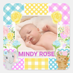 Bloemen en ruit fotolijstje pasgeboren baby vierkante sticker