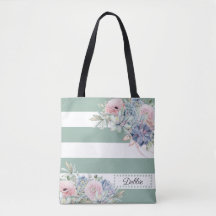  bloemen en Sage Green Stripes Canvas tas