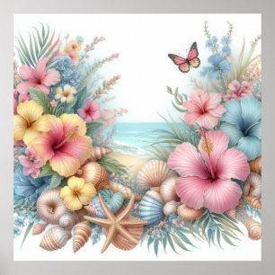 Bloemen en schelpen waterverf in pastelkleuren poster