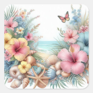 Bloemen en schelpen waterverf in pastelkleuren vierkante sticker
