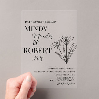 Bloemen en schrift zwart-wit trouwuitnodiging acryl uitnodigingen