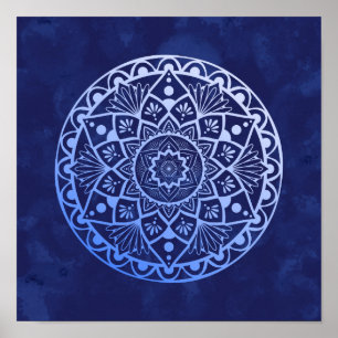 Bloemen en Stippen Mandala - Blauwe gradiënt afdru Poster
