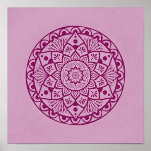 Bloemen en Stippen Mandala - Fuschia roze afdrukke Poster