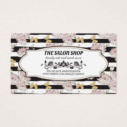 Bloemen en Strepen | Glitter Vlinders Trouw Visitekaartje (Voorkant)