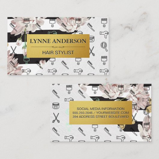 Bloemen en strips | Haarstylist Tools Patroon Visitekaartje (Voorkant / Achterkant)