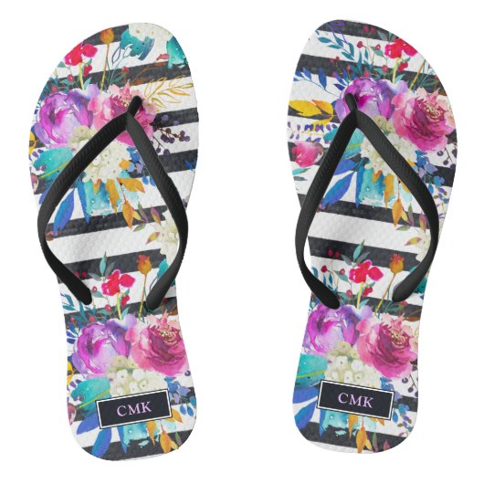 Bloemen en strips | Trendy en Bright Monogram Teenslippers (Voetbed)