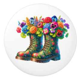 Bloemen en tuinlaarzen keramische knop