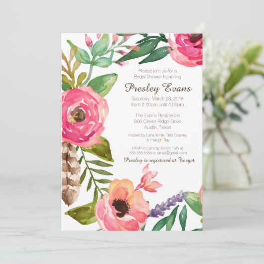 Bloemen en veren bruids douche uitnodiging II (Staand voorkant)