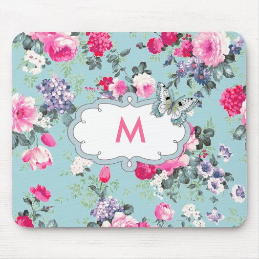 Bloemen en vlinder | Aangepaste Monogram Cadeau Muismat (Voorkant)