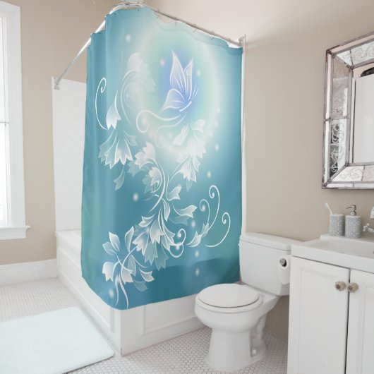 Bloemen en vlinder Blauwgroen Douchegordijn (In situ)
