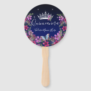 Bloemen en vlinder Quinceanera Blue Hand Fan Handwaaier