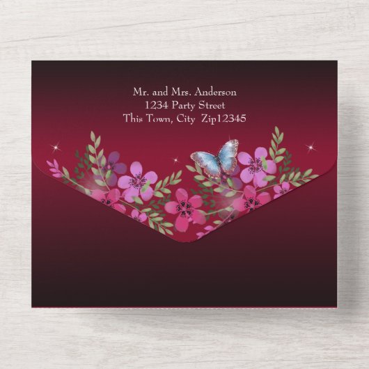 Bloemen en vlinder Quinceanera Burgundy All In One Uitnodiging (Achterkant)