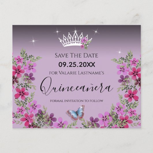 Bloemen en vlinder Quinceanera sparen de Datum (Voorkant)