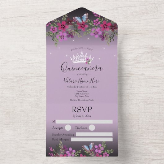 Bloemen en vlinderbloemigen Paars All In One Uitnodiging (Binnen)