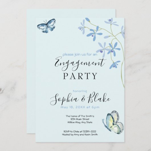 Bloemen en vlinders | Blauwe Engagement Party Kaart (Voorkant / Achterkant)