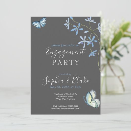 Bloemen en vlinders | Grey Engagement Party Kaart (Staand voorkant)