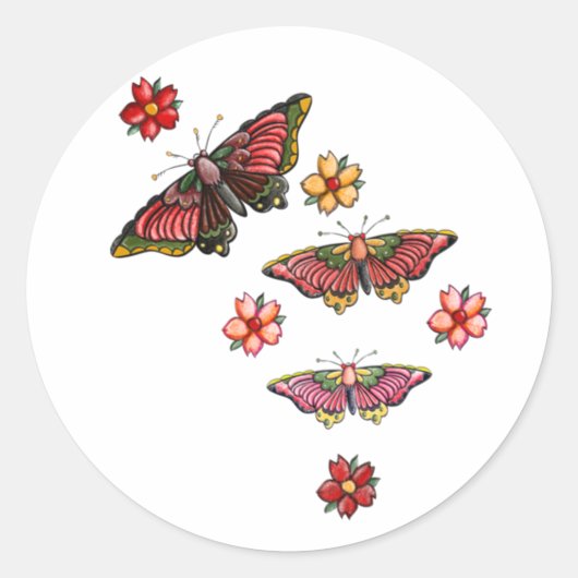 Bloemen en vlinders ronde sticker (Voorkant)