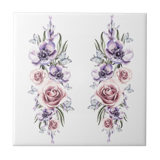 Bloemen en vlinders - Tekenkunst -  Tegeltje (Voorkant)