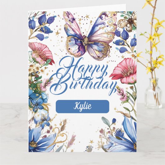 bloemen- en vlinderverjaardagsontwerp kaart (Gele Bloem)