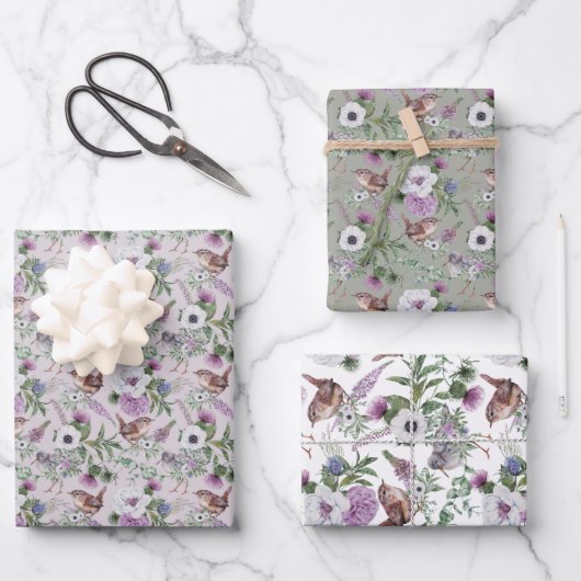 Bloemen en vogels die papierbladen overvullen inpakpapier vel (Voorkant)