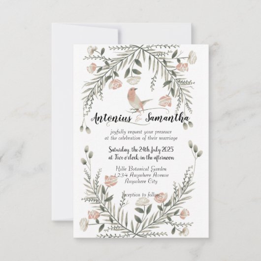 Bloemen en vogels illustratie bruiloft uitnodiging (Voorkant)