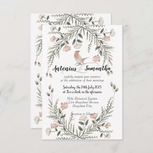 Bloemen en vogels illustratie bruiloft uitnodiging (Voorkant / Achterkant)