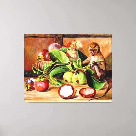Bloemen en vruchten van Mangosteen; Singapore aap Canvas Afdruk (Voorkant)