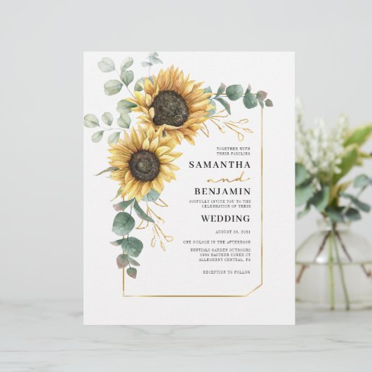 Bloemen Eucalyptus Zonnebloem bruiloft uitnodiging (Staand voorkant)