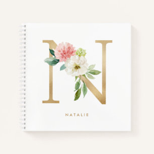  Bloemen Faux Gold Folie Letter N Monogram Notitieboek