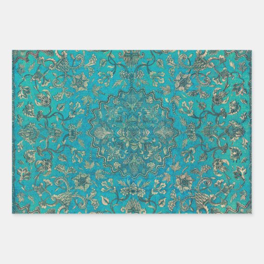  Bloemen Faux Goud & Blauw Blauwgroen Ornament Inpakpapier Vel (Voorkant 2)