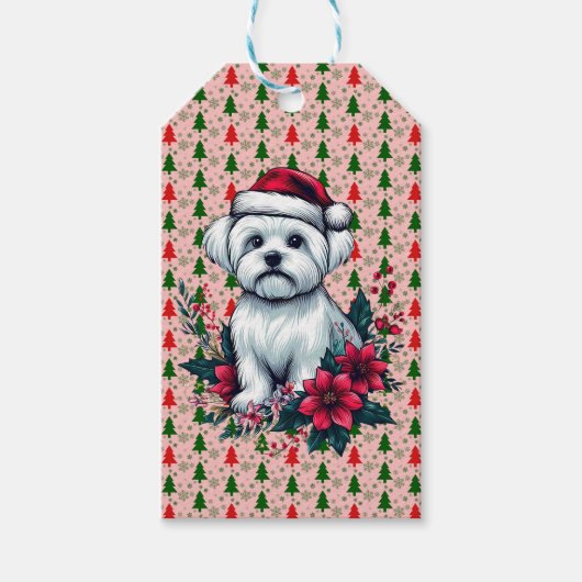 Bloemen Feestelijke Maltese Hond met Santa Hoed Xm Cadeaulabel (Voorkant)