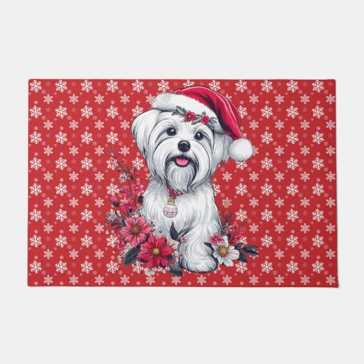 Bloemen Feestelijke Maltese Hond met Santa Hoed Xm Deurmat (Voorkant)